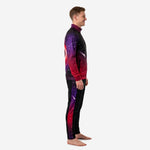 Side view of custom mens soccer training jackets showing Royal Purple and Crimson galaxy gradient on raglan sleeves and tapered black pants with side stripe