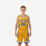 Gold youth basketball uniforms with royal blue starburst geometric side panels, team name arced on chest and number 00 front and back - full set front and back view