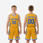Youth basketball uniform size and specification chart for gold and royal blue starburst custom team set
