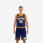 Front view of starburst navy and gold basketball uniforms two-piece set with halftone dot fade shorts on male model