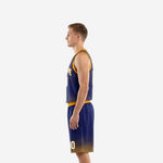 Left side profile of navy and gold basketball uniform set showing V-neck binding and matching shorts waistband