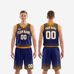 Size chart and spec sheet for custom navy and gold basketball uniform sets in youth and adult sizing