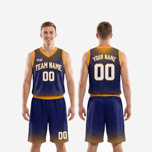 Size chart and spec sheet for custom navy and gold basketball uniform sets in youth and adult sizing