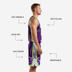Close-up of storm cloud sublimated basketball kit showing edge-to-edge print quality on jersey and shorts