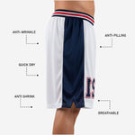 Back view of custom navy and white basketball shorts with sublimated player number and side panel detail