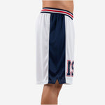 Custom white and navy basketball shorts with sublimated number 21 on the front left thigh panel - close front view
