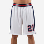 Basketball shorts for leagues in white and navy with red stripe waistband and player number 21 on the front thigh - front view