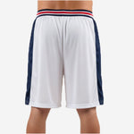 Right side view of white and navy basketball shorts with stripe waistband and full-length navy side panel