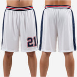 Size and specification sheet for custom white and navy basketball shorts for leagues youth and adult sizing