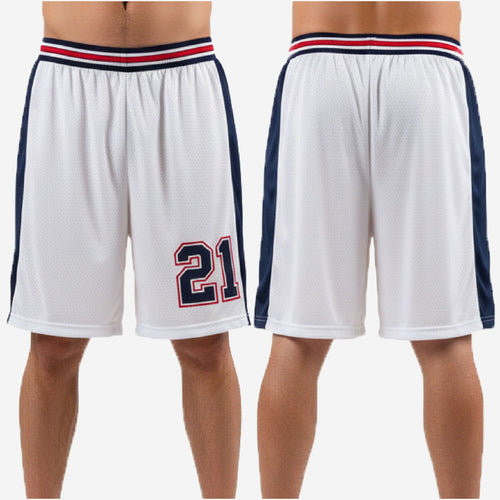 Size and specification sheet for custom white and navy basketball shorts for leagues youth and adult sizing