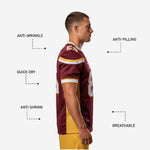 Back view of custom American football jersey in maroon and gold with back number and player nameplate area in sublimated print