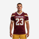 Youth league football jerseys in maroon and gold with horizontal stripe chest band, gold side panels, and sublimated front number 23 on adult male model, front view
