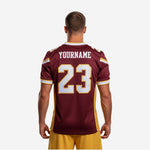 Right side view of sublimated maroon and gold football jersey displaying stripe chest band wrapping over the shoulder and straight hem detail