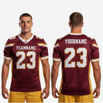Size and specification chart for custom youth league football jerseys in maroon and gold, showing youth through adult size run