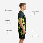 Close-up of all black soccer shorts with neon green sublimated bolt graphic and player number on the left leg