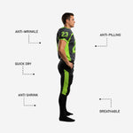 Back view of charcoal and lime green sublimated American football uniform showing back number and nameplate area above the shoulders