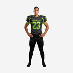 Sublimated American football uniforms in charcoal and lime green showing front team name, number 23, and matching black lime green pants