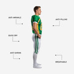 Back view of green and gold sublimated American football uniform showing back number and nameplate area on green jersey with white pants