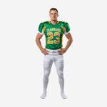Sublimated American football uniforms in green and gold with V-neck jersey showing team name and number 23 on chest and white pants with green side stripe front view