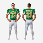 Size and specification chart for custom sublimated American football uniforms available in youth and adult sizes