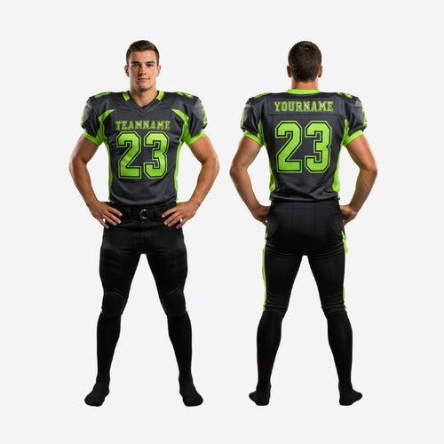 Size and specification sheet for charcoal and lime green sublimated football uniforms showing youth and adult sizing options