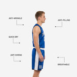 Back view of royal blue custom sublimated basketball jersey and shorts showing back name and number placement on the jersey