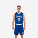 Custom sublimated basketball jersey and shorts in royal blue and white with navy trim, front and back view showing team name and number placement