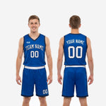Size chart for men's royal blue sublimated basketball jersey and shorts set covering youth and adult roster sizing