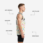 Back view of cream sublimated basketball jersey design showing player name and number placement above straight hem with multicolor geometric pattern
