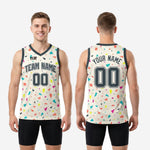 Size and specification chart for cream sublimated basketball jersey designs showing youth and adult sizing measurements