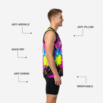 Size and spec chart for custom sublimated basketball jerseys in black and neon multicolor paint splash design youth and adult sizing