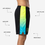 Back view of black basketball shorts with sublimated gradient side panels and player number customization zone