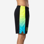 Front view of black sublimated basketball shorts with gradient neon lime and cyan side panels and yellow-green outlined number 00 on the right thigh