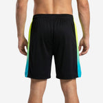 Opposite side view of black sublimated basketball shorts highlighting the gradient side panel running from waistband to hem split