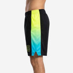 Side view of black custom basketball shorts showing full-length neon lime to cyan gradient side panel with side split at hem
