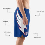 Size and specification sheet for custom sublimated basketball shorts in royal blue and white, youth through adult sizing chart