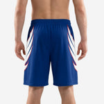 Right side view of royal blue sublimated basketball shorts showing eagle wing side panel graphic in white and crimson with hem split detail