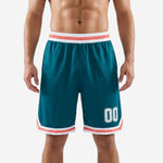 Size and specification sheet for custom sublimated basketball shorts in teal coral and white available in youth through adult sizes