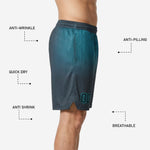 Close detail of honeycomb hex gradient print on teal and charcoal grey custom basketball shorts showing sublimation color depth