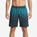 Sublimated basketball shorts in teal and charcoal grey honeycomb hex gradient fade, player number 00 on lower left thigh, front view
