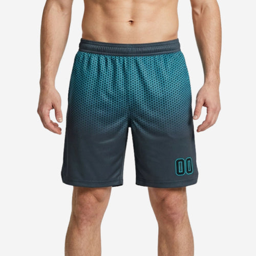 Sublimated basketball shorts in teal and charcoal grey honeycomb hex gradient fade, player number 00 on lower left thigh, front view