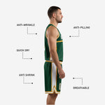 Detail view of forest green basketball shorts with white arrowhead side panel and gold outline trim