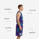 Back view of purple and teal sublimated basketball uniform set showing player name and number placement on jersey