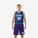Sublimated basketball uniform packages in purple and teal with claw-scratch graphic, front and back view of full jersey and shorts set