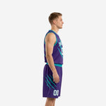 Custom sublimated basketball uniform packages purple teal claw design front view with team name and number 00 on chest