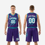 Size and specification sheet for purple and teal sublimated basketball uniform packages showing youth and adult size run