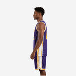 Sublimated basketball uniform back side view displaying purple and gold color scheme with white side panel