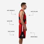Red and black basketball shorts detail showing sublimated X-panel and player number on leg