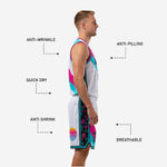 Custom basketball uniforms package showing black side panel with neon pink geometric line-work detail