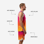Full sublimated basketball uniform set in hot pink and orange gradient with white hem accents